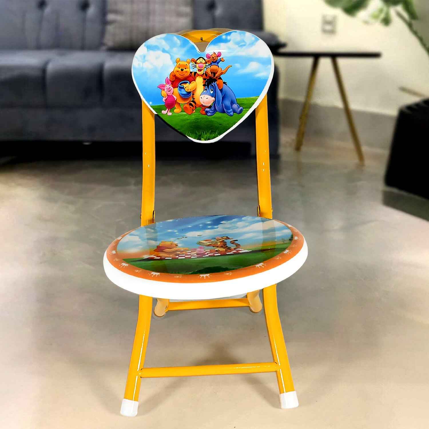 The compact folded state of the children's chair, highlighting its easy storage.