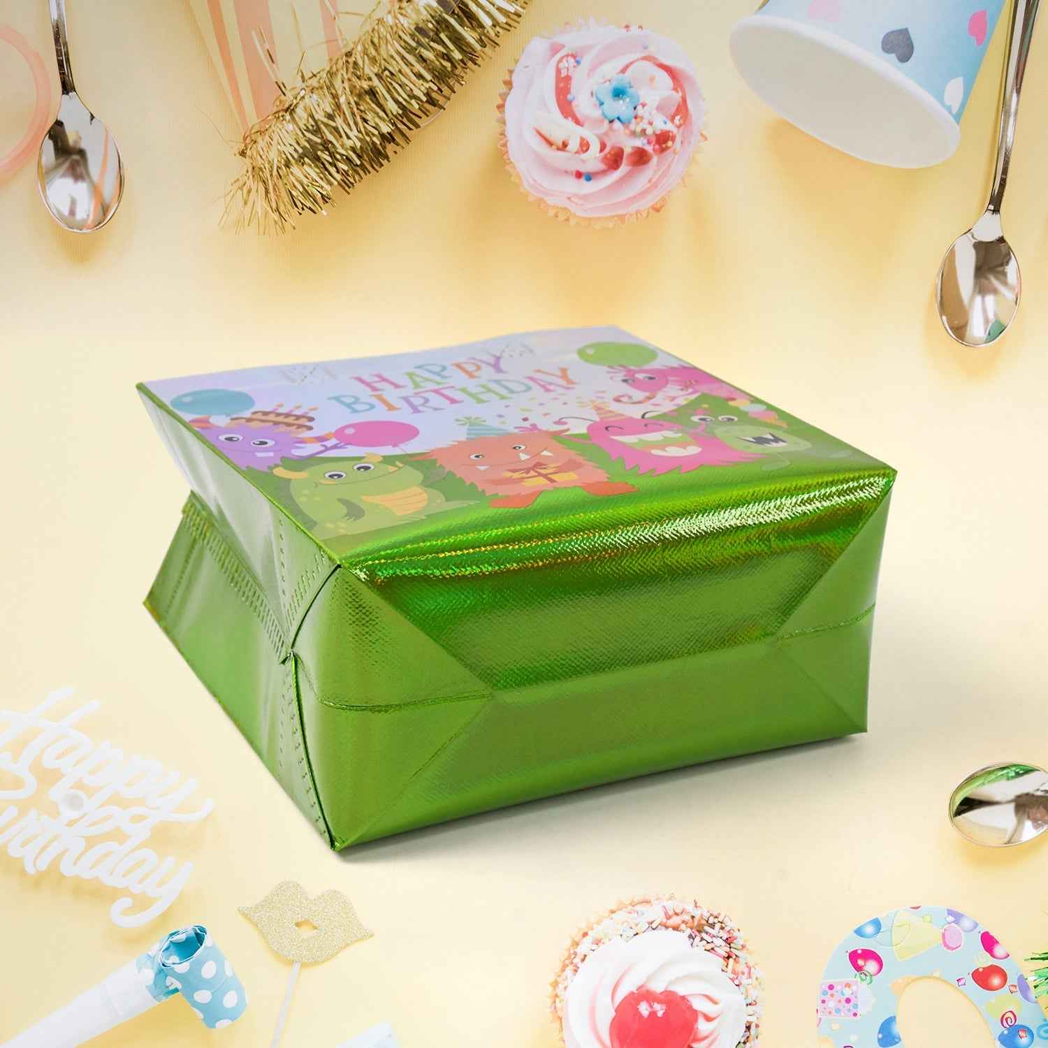 Festive and colorful reusable birthday gift bag with fun design