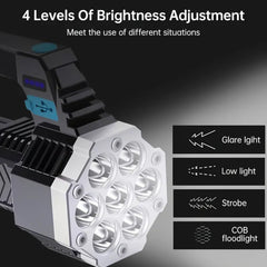 Multi-mode rechargeable LED flashlight illuminating a dark outdoor scene.