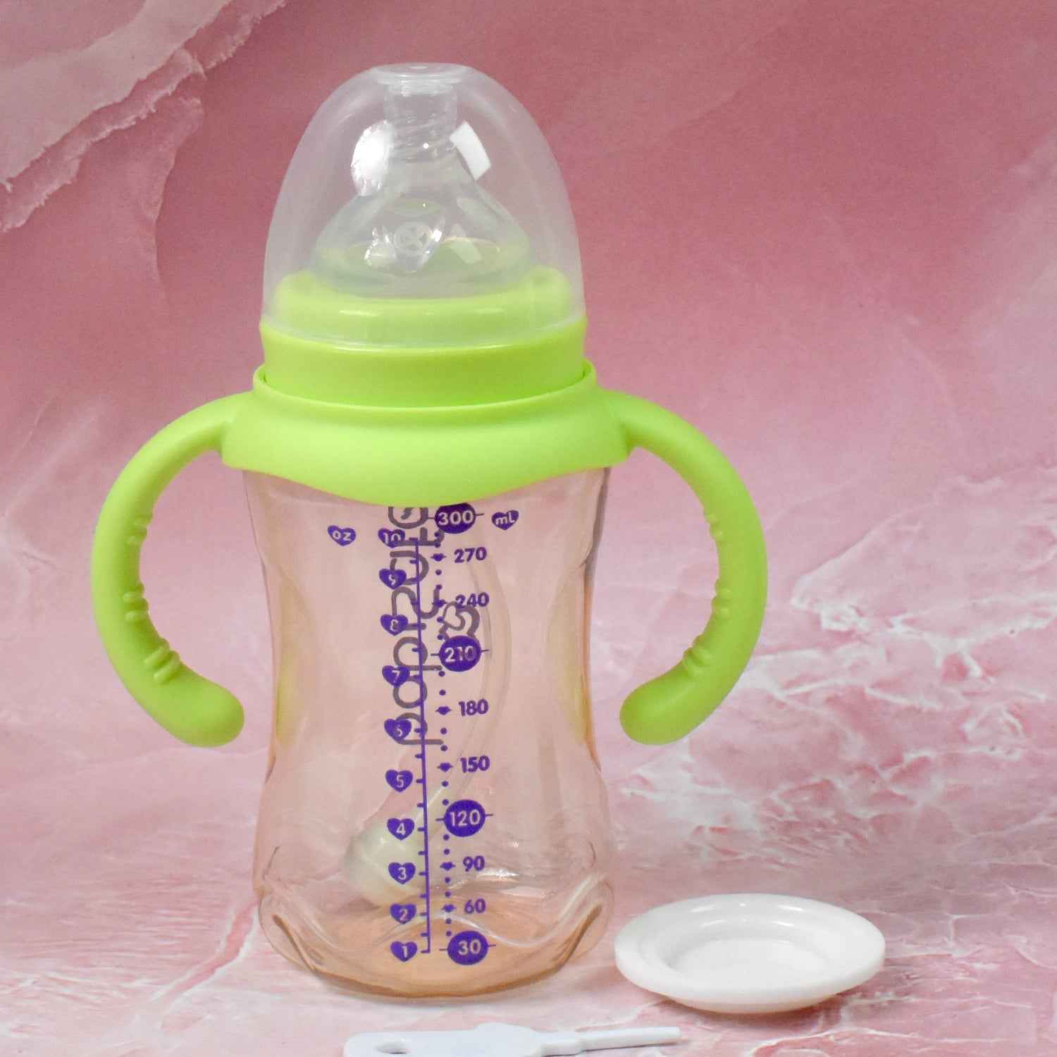 Side view of the Feedora baby bottle, showcasing its durable plastic construction and straw.