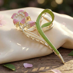Floral Hair Claw Clip – Elegant Green Leaf with Pink Flower