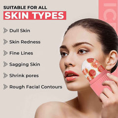 Ice face roller being glided across a woman's forehead, promoting a soothing sensation.