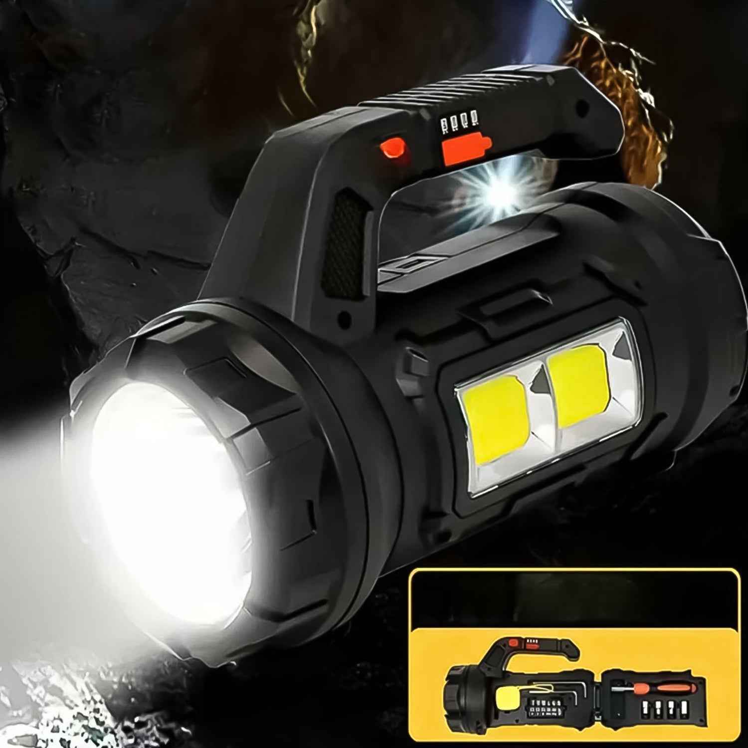 Close-up of the SOS Light's powerful 18W long-range torchlight beam.