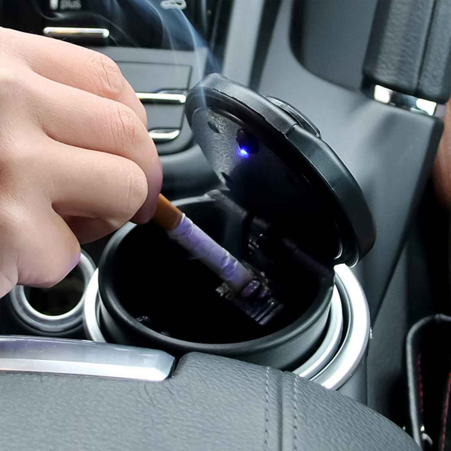 Car Ashtray with Lid & Blue LED Light – Portable Smokeless Design