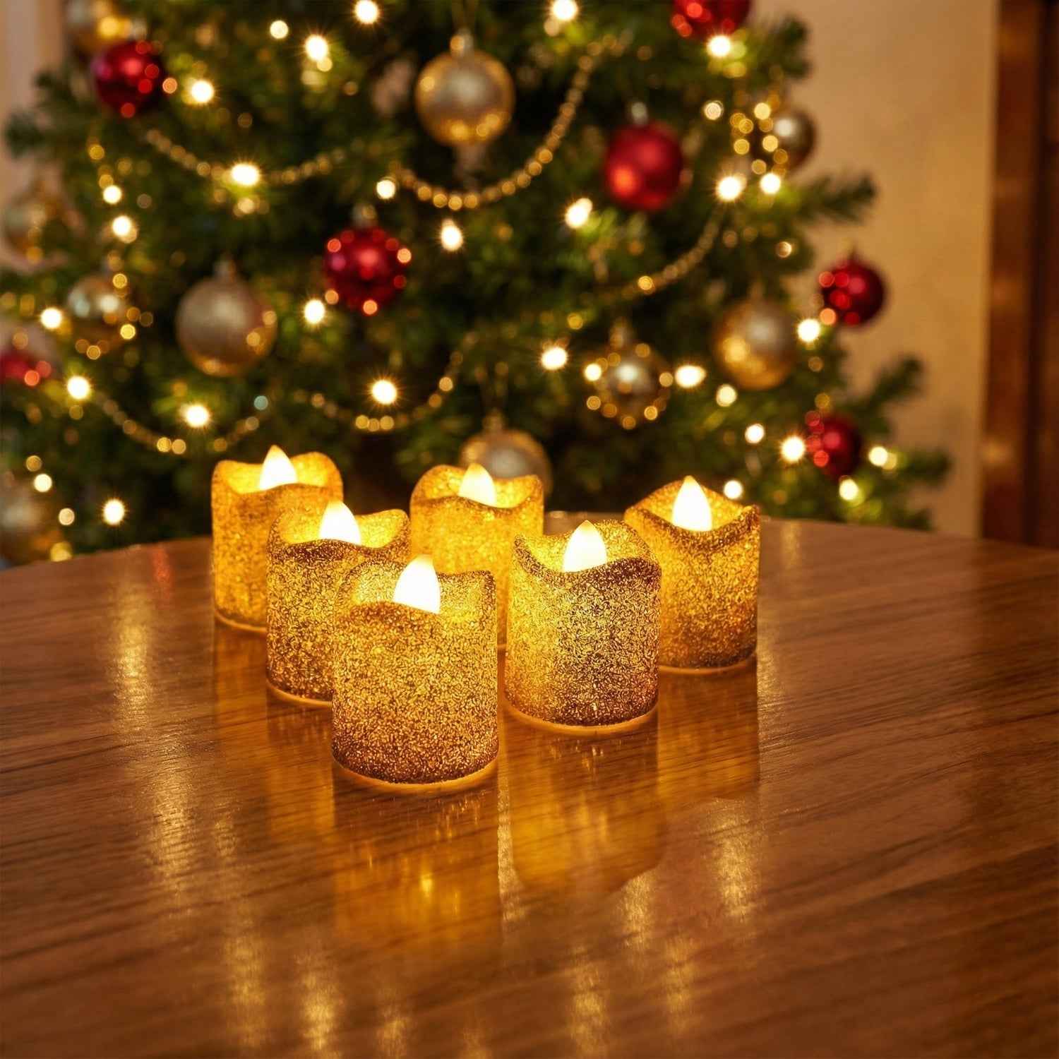 LED Tealight Candles – 6 Pc Flameless Christmas Glitter Set