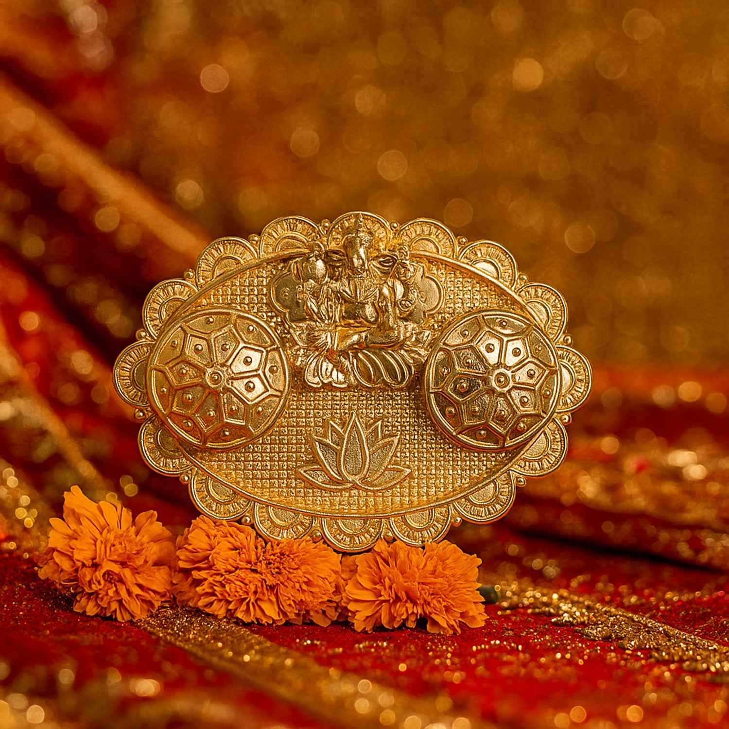Ganesh Embossed Roli-Chawal Kumkum Chopra – Antique Gold Finish