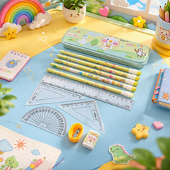 Colorful cartoon geometry box stationery set with rulers, pencils, and protractor