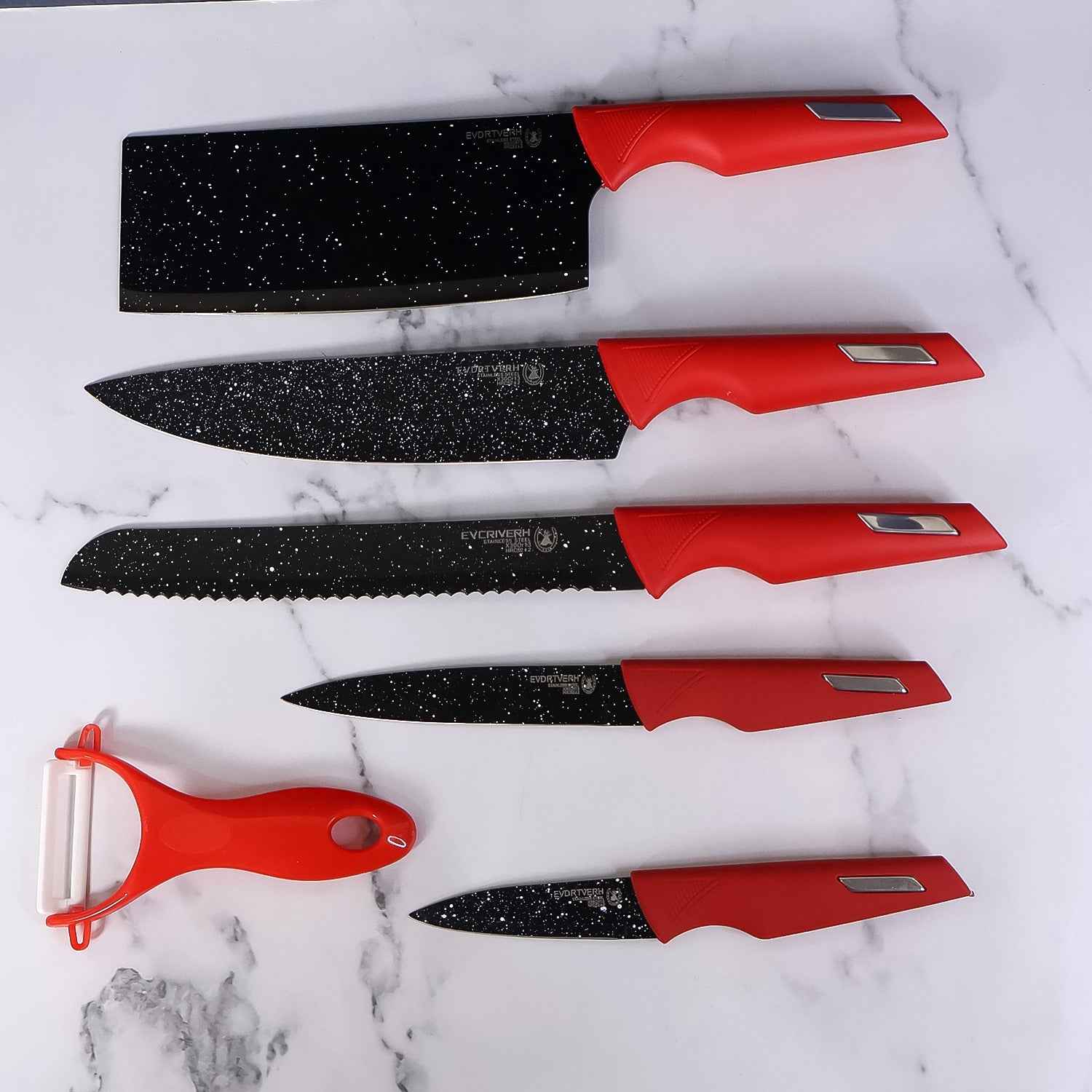 Kitchen Knife Set – Marble-Coated Blades & Ergonomic Red Handles