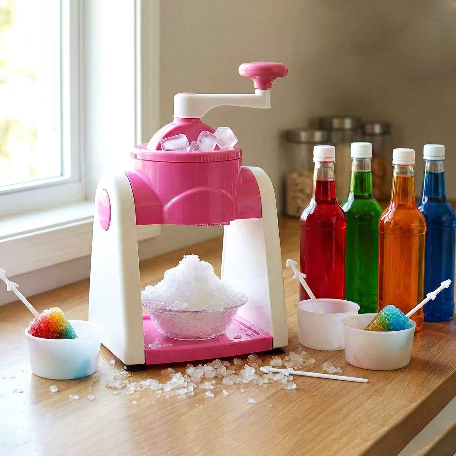 Manual Ice Crusher – Compact Pink Ice Shaver with Hand Crank