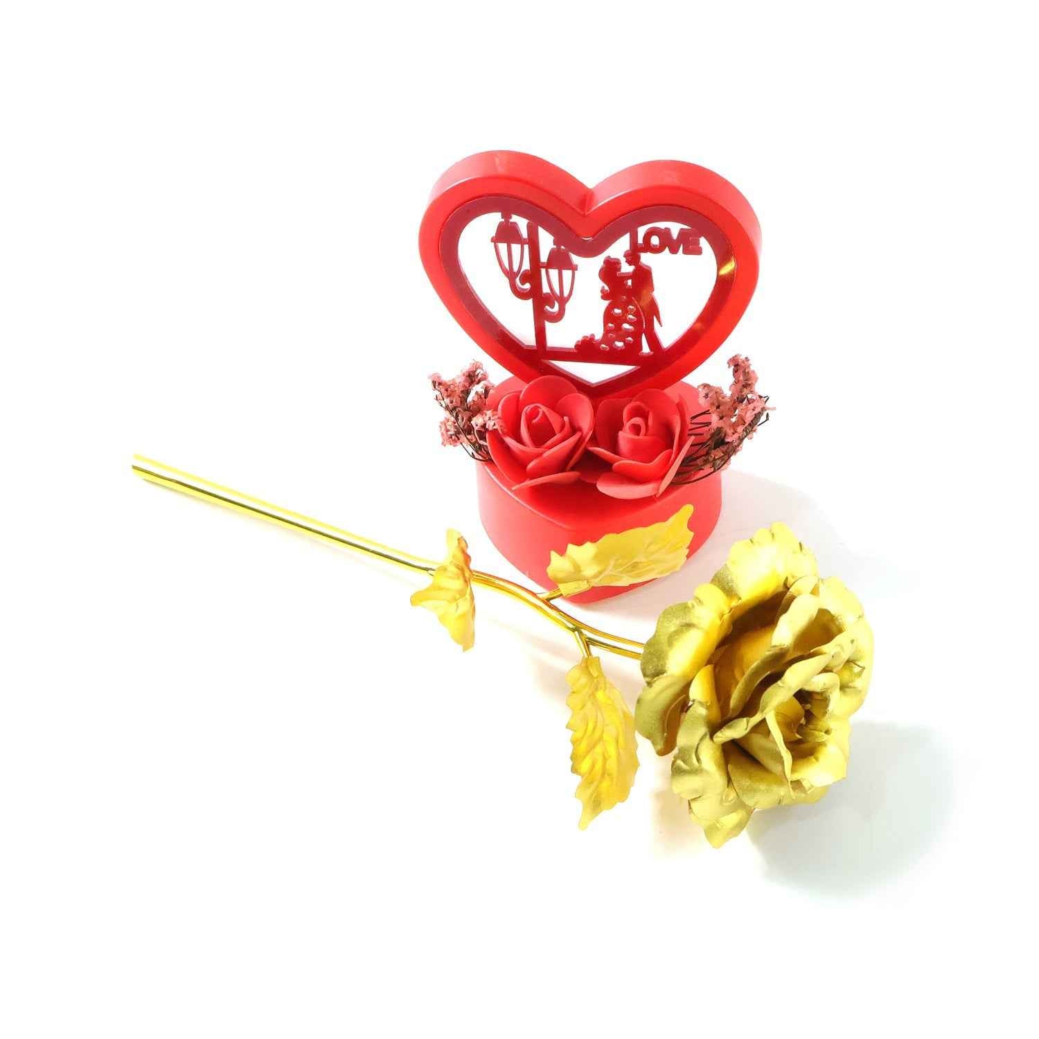 Heart Love Decorative Showpiece – Elegant Golden Rose Gift Set