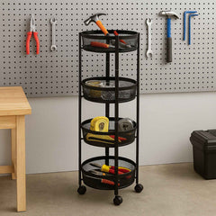 4-Layer Round Metal Mesh Storage Trolley with Wheels