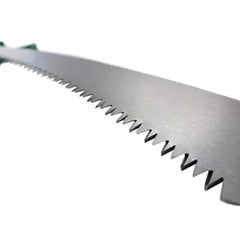 Close-up of the ergonomic PVC grip on the portable hand saw.