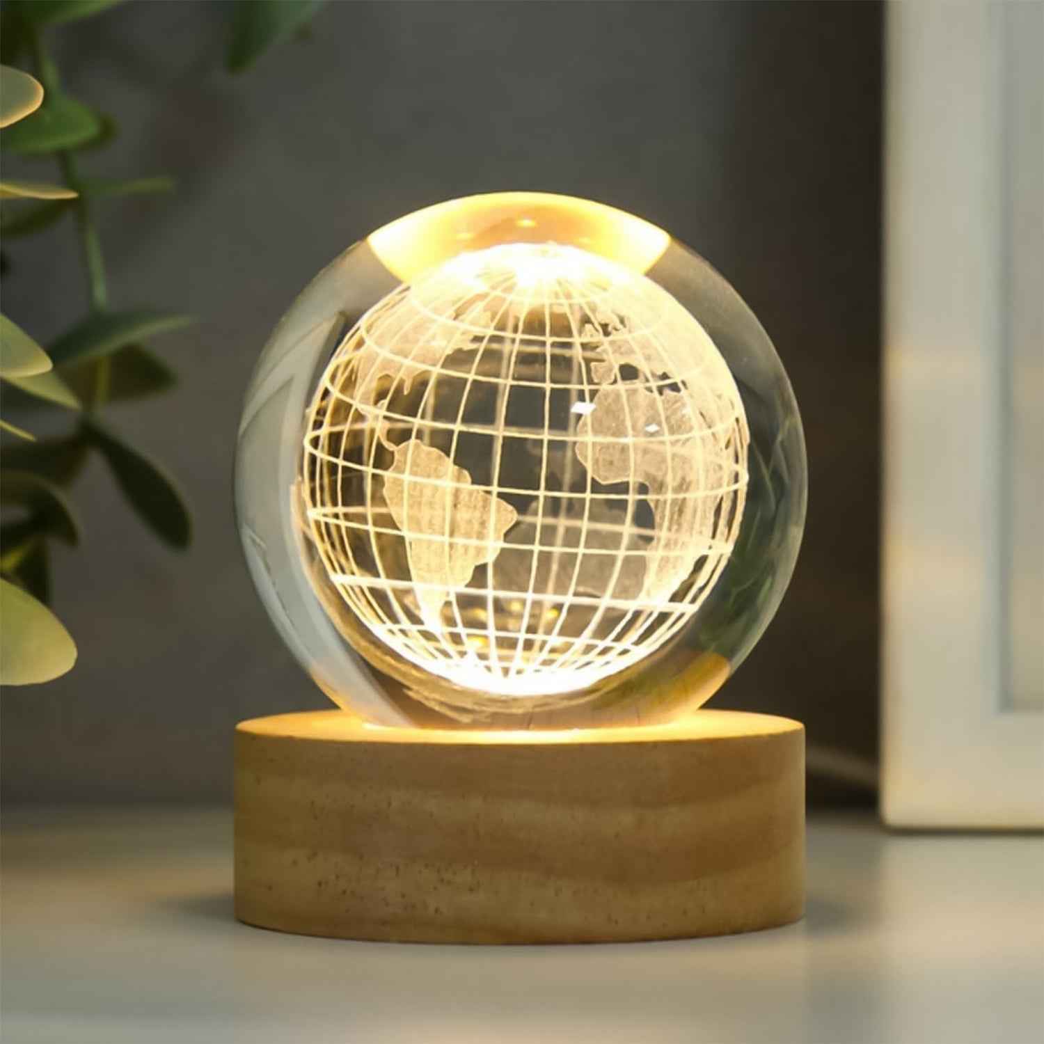 3D Crystal Ball Lamp – World Globe Design, Wooden Base | Indo Glow