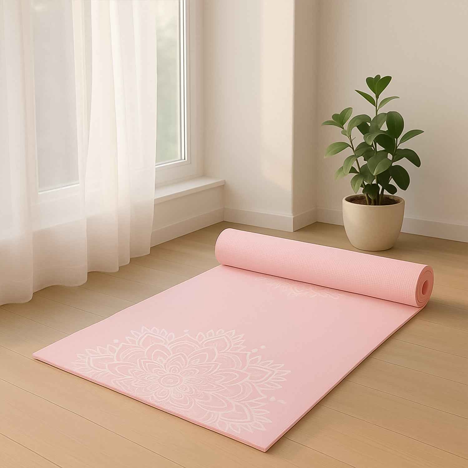 Lightweight rolled yoga mat with printed design for exercise