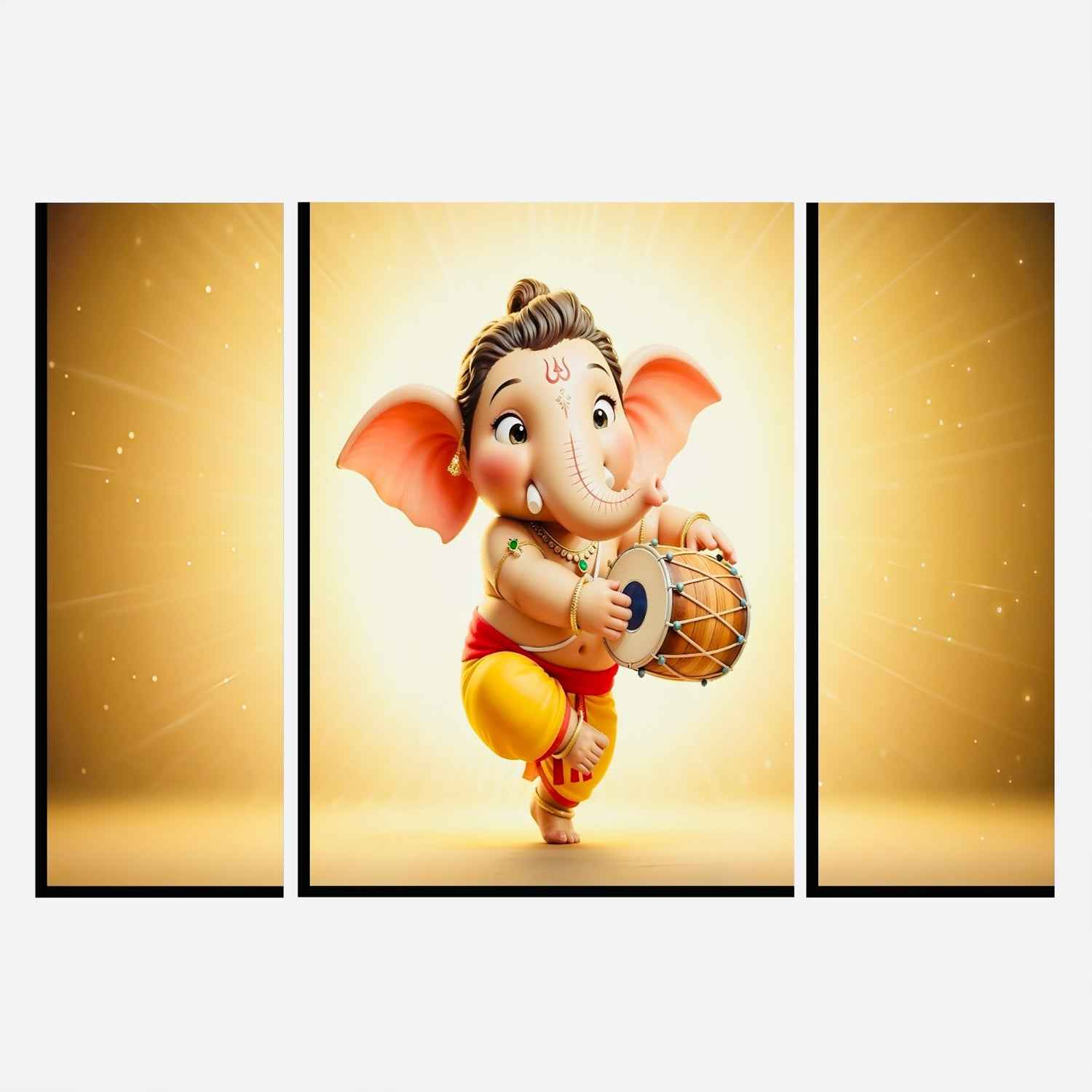 Ganesha Religious Wall Art Ð Vibrant 3 Panel MDF Frame