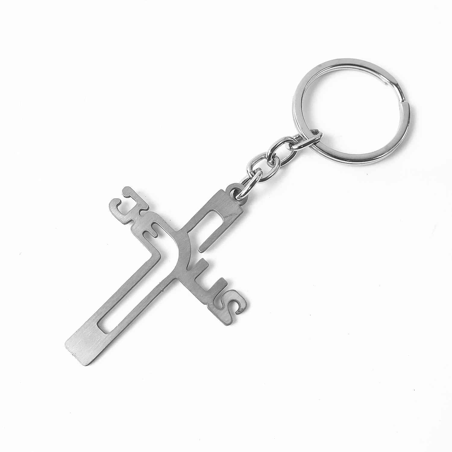 Metal Cross Keychain – Gujarati Jesus Script for Spiritual Style