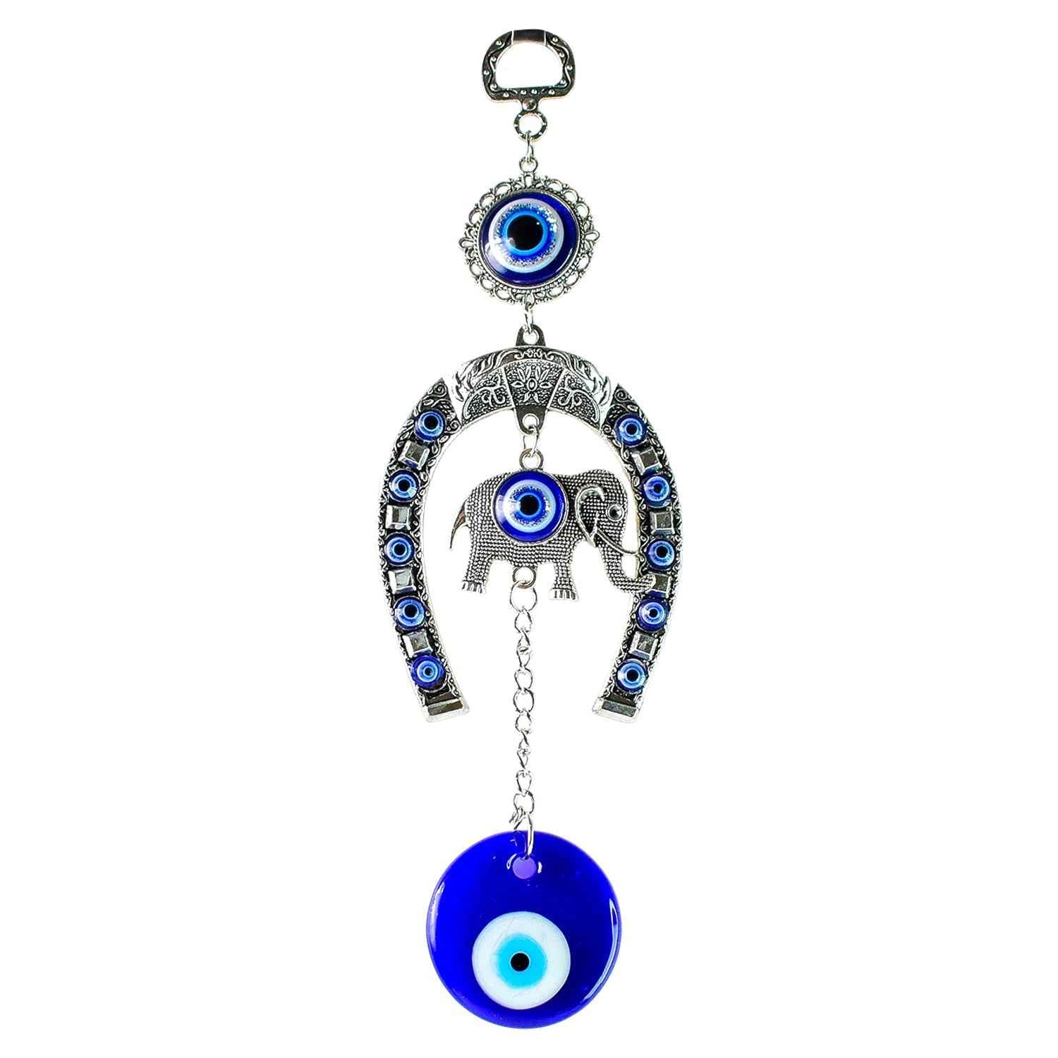 Evil Eye Hanging with Elephant & Horseshoe – Protective Wind Chime