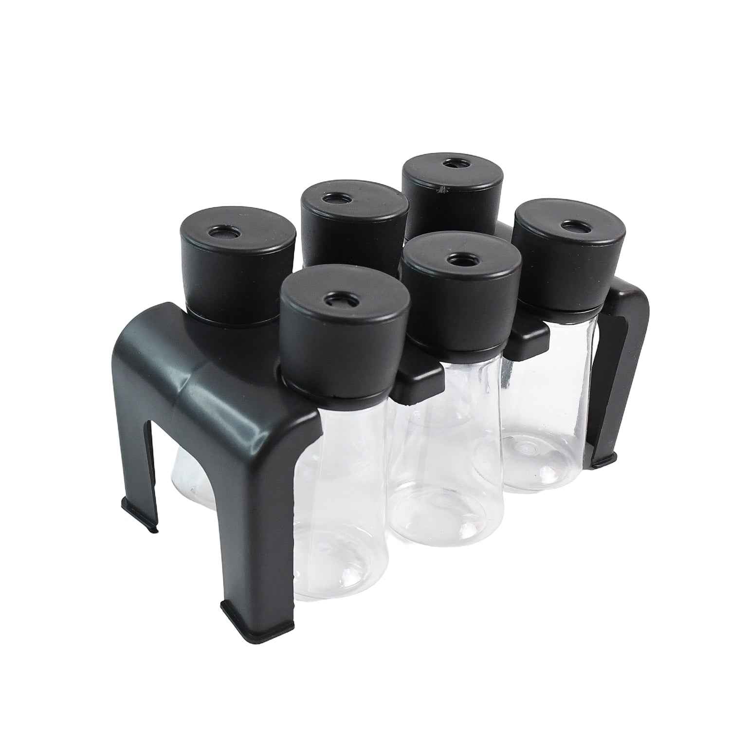 Plastic Spice Jar Set – 6-Piece Rotating Lid Organizer with Stand