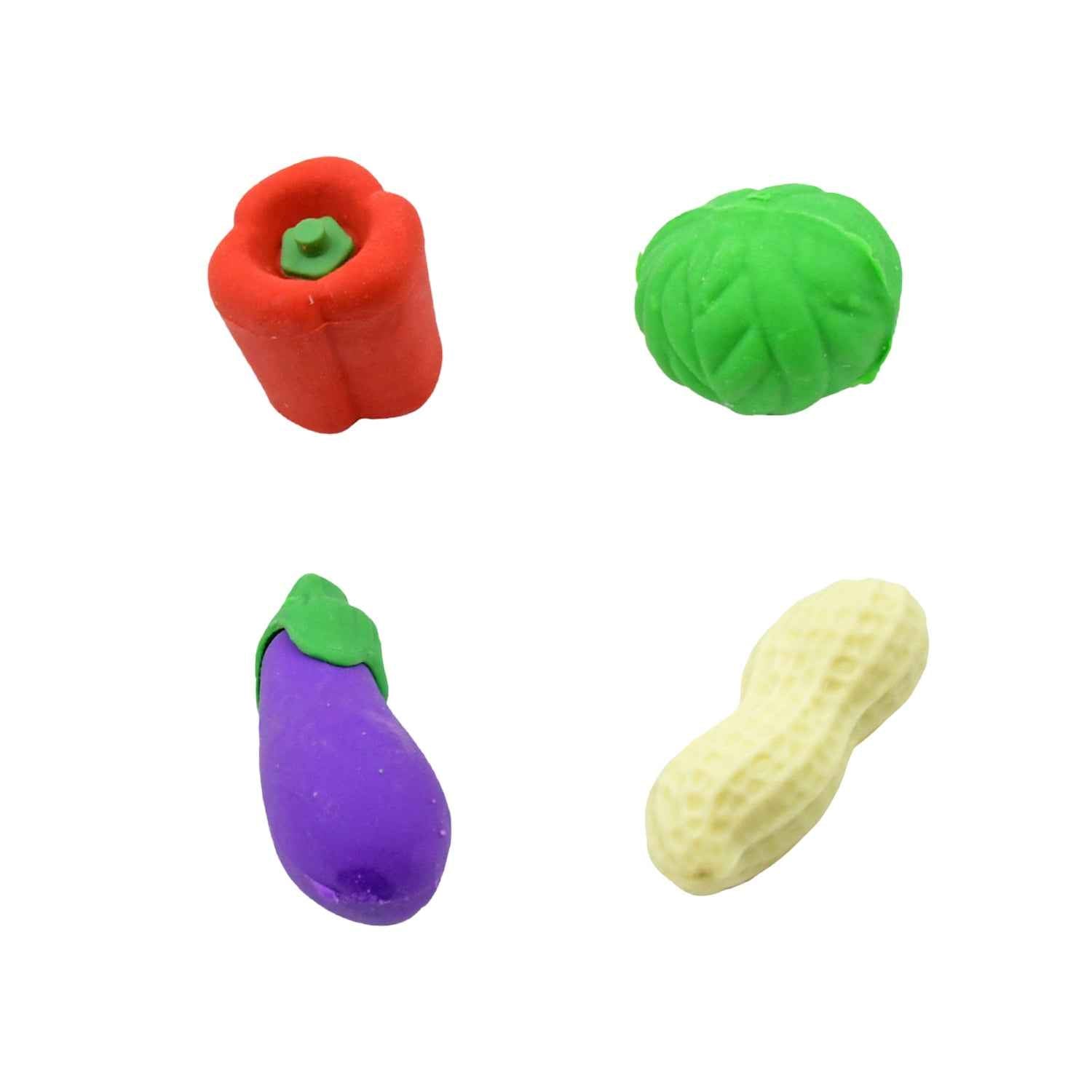 Close-up of assorted 3D fruit and vegetable erasers, perfect fun erasers for kids' school supplies.