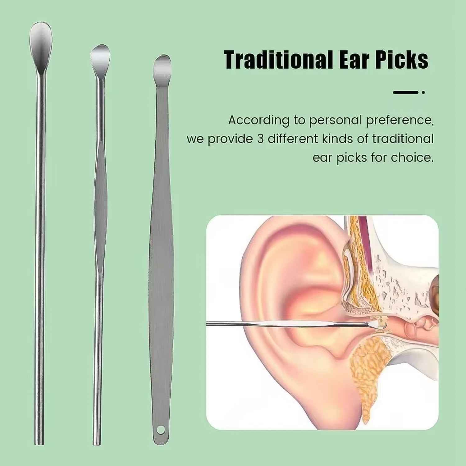 All six stainless steel ear wax removal tools neatly arranged in their compact leather case.
