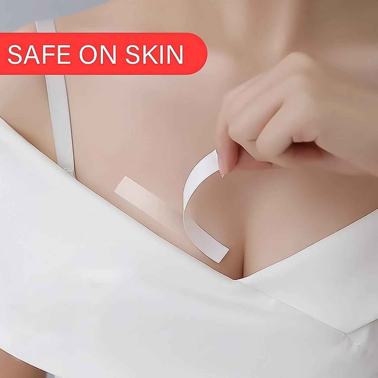 Woman applying anti-skid transparent fashion tape for a perfect fit.