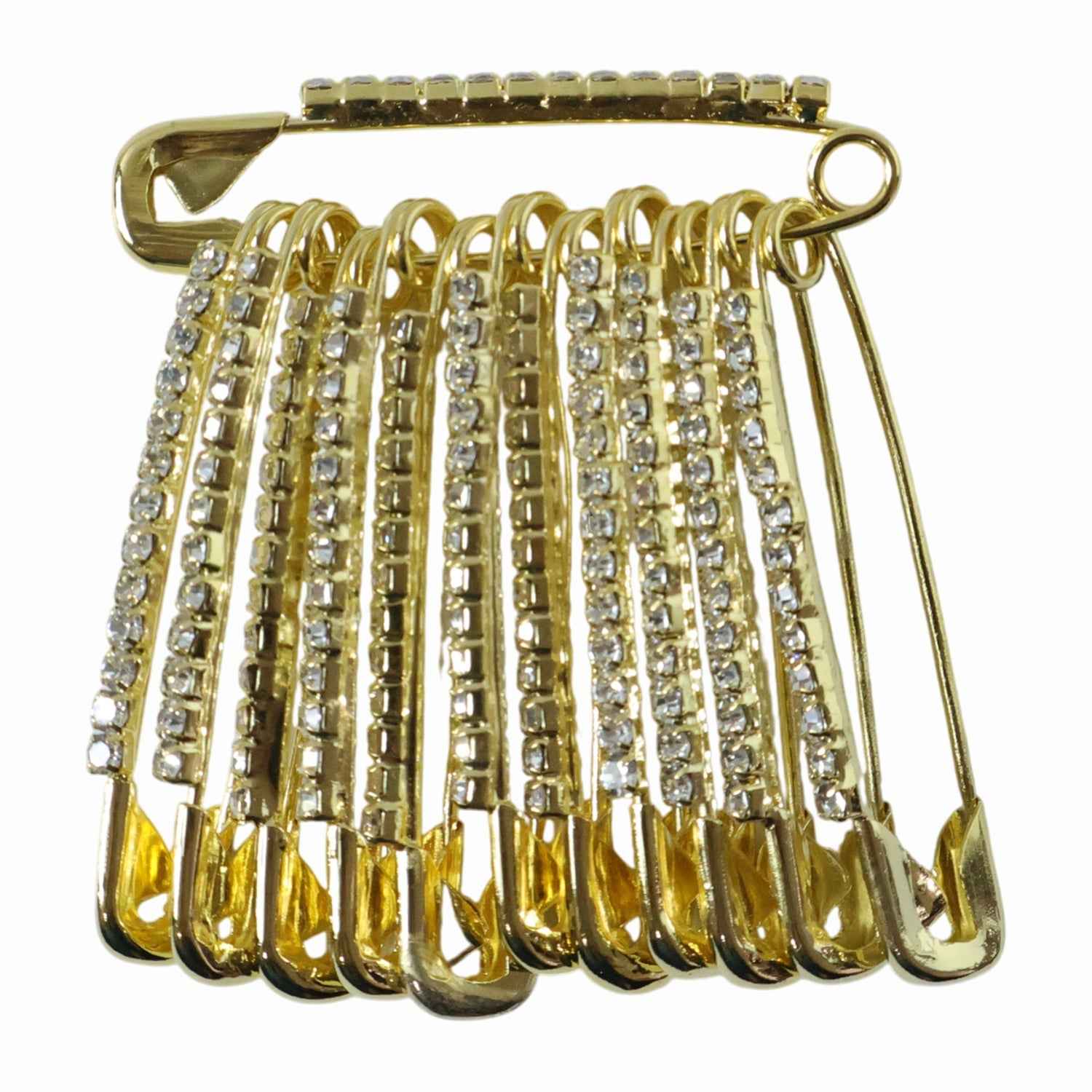 Golden Safety Pin Brooch Set – Elegant Stone-Embedded Design