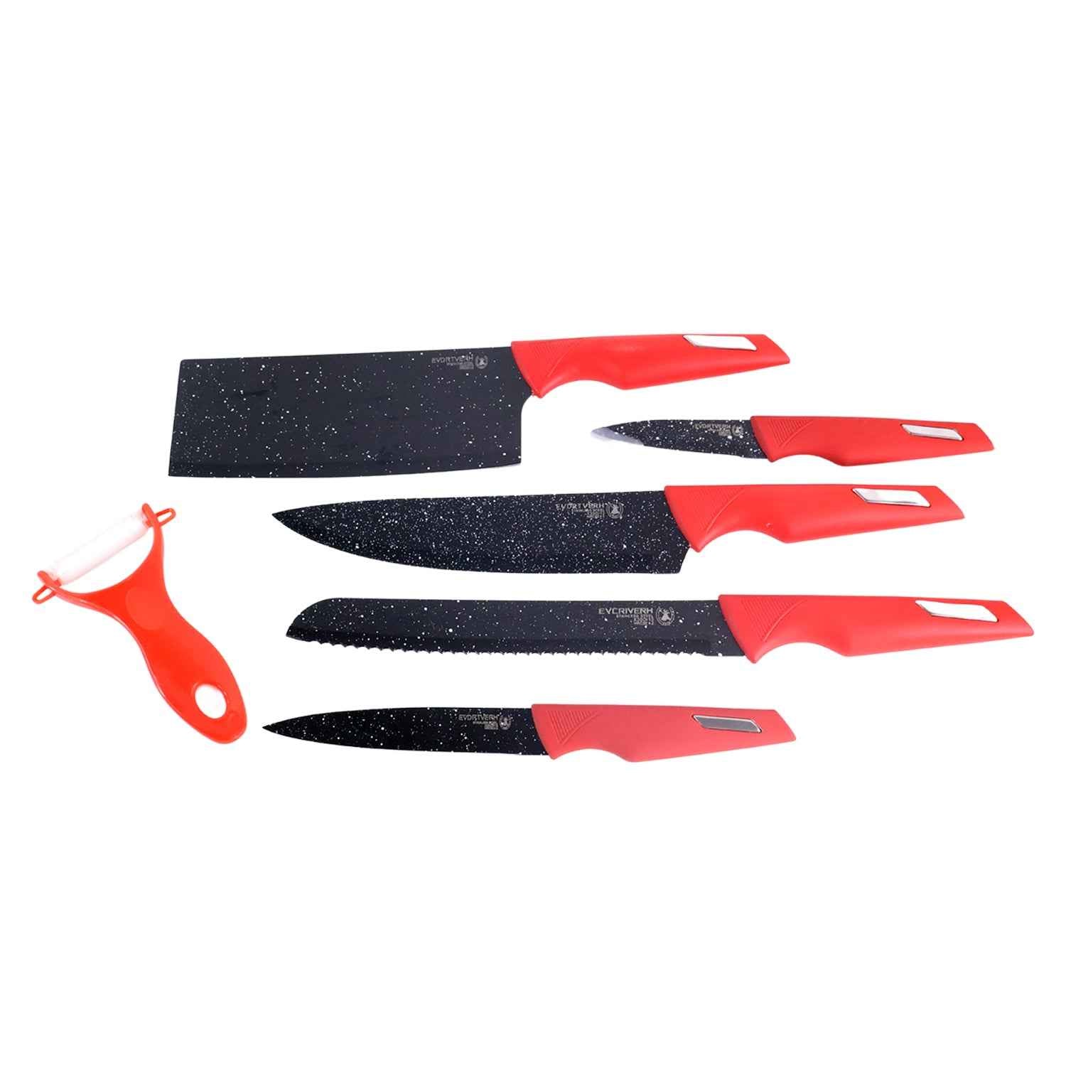 Kitchen Knife Set – Marble-Coated Blades & Ergonomic Red Handles