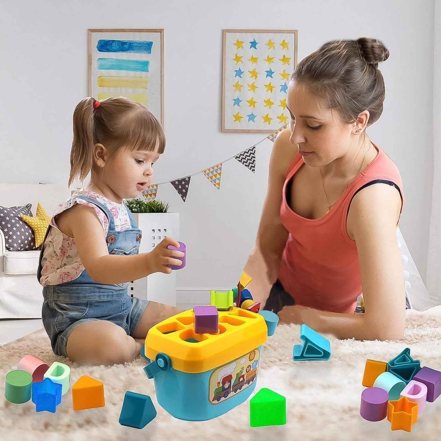 The complete Baby Shape Sorter Toy set with its storage bucket and various blocks.