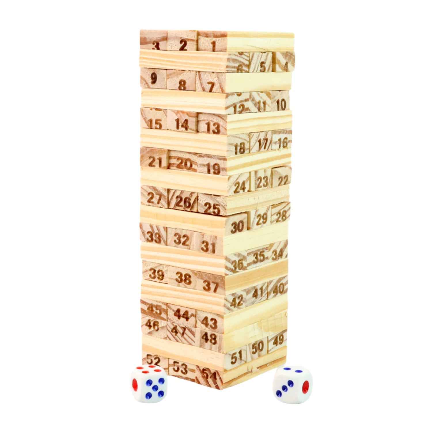Wooden Tumbling Tower Game – 54 Numbered Blocks & Dice Set