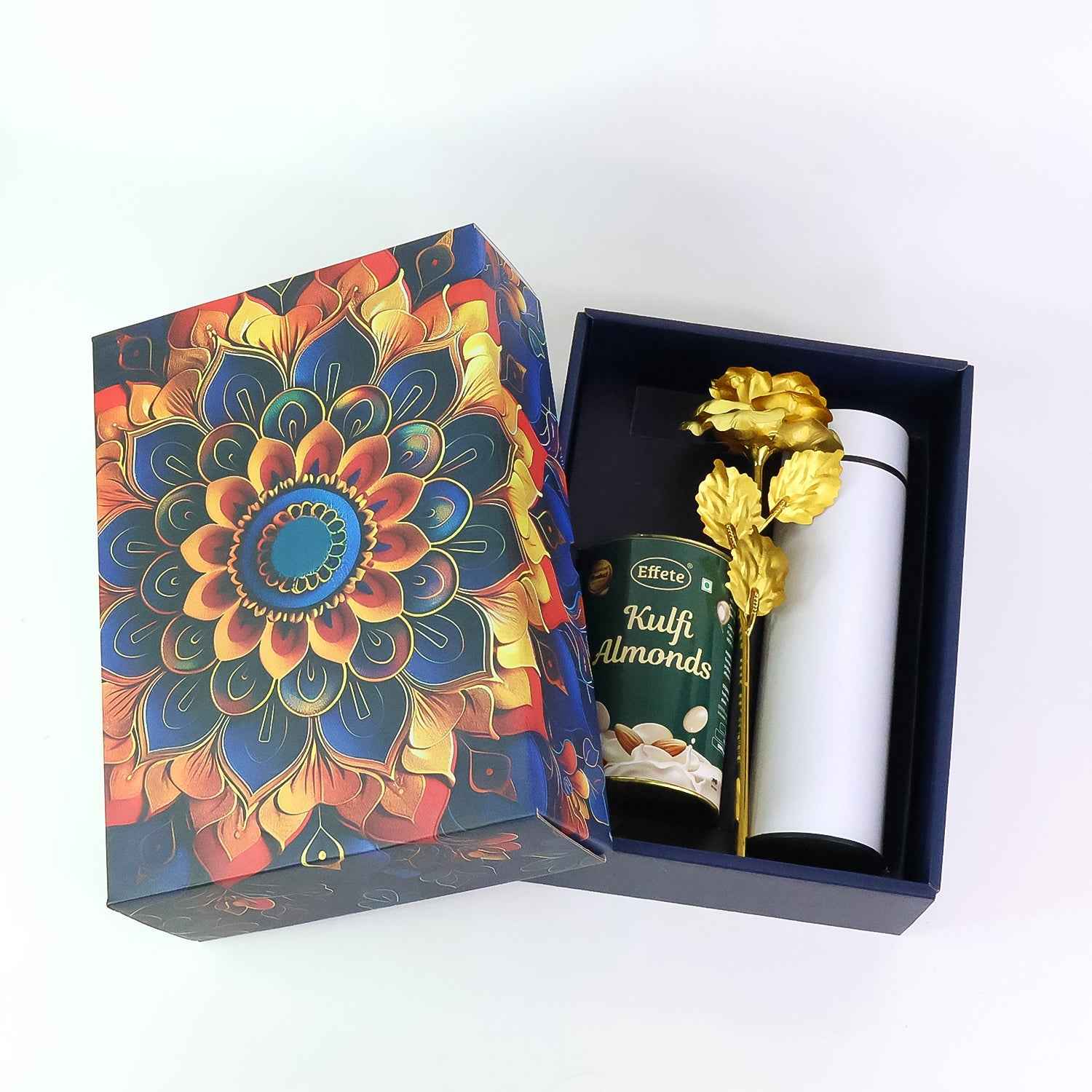 Kulfi Almonds Gift Hamper – Elegant Golden Rose & Stainless Steel Bottle