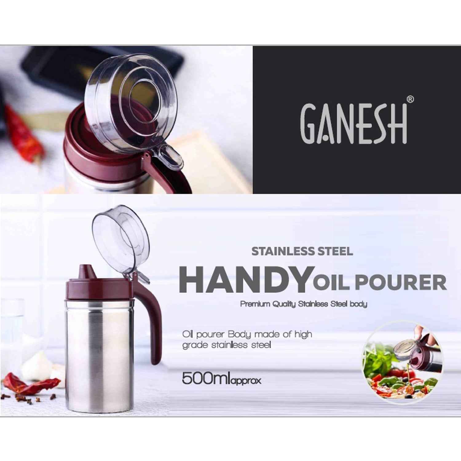 Stainless Steel Oil Dispenser – 500ml Anti-Drip | Ganesh