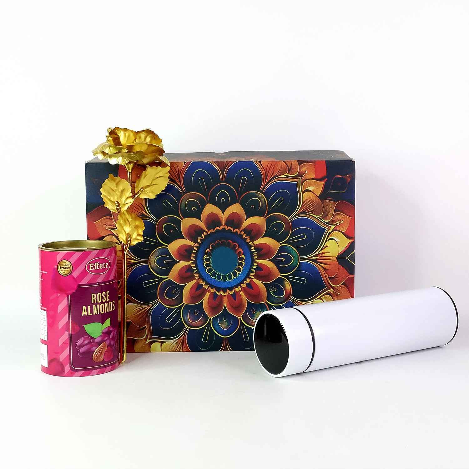 Rose Almonds Gift Hamper – Elegant Golden Rose & Stainless Steel Bottle