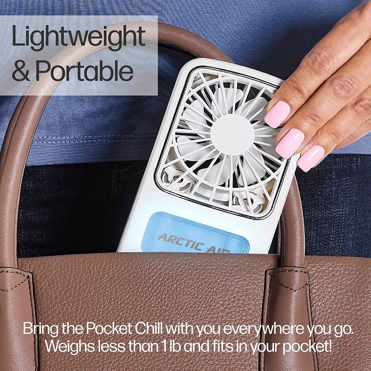 Woman smiling while wearing the Arctic Air Freedom portable personal air cooler.