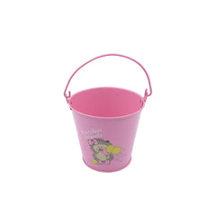 Side angle of a versatile metal planter bucket, great for home decor accents.