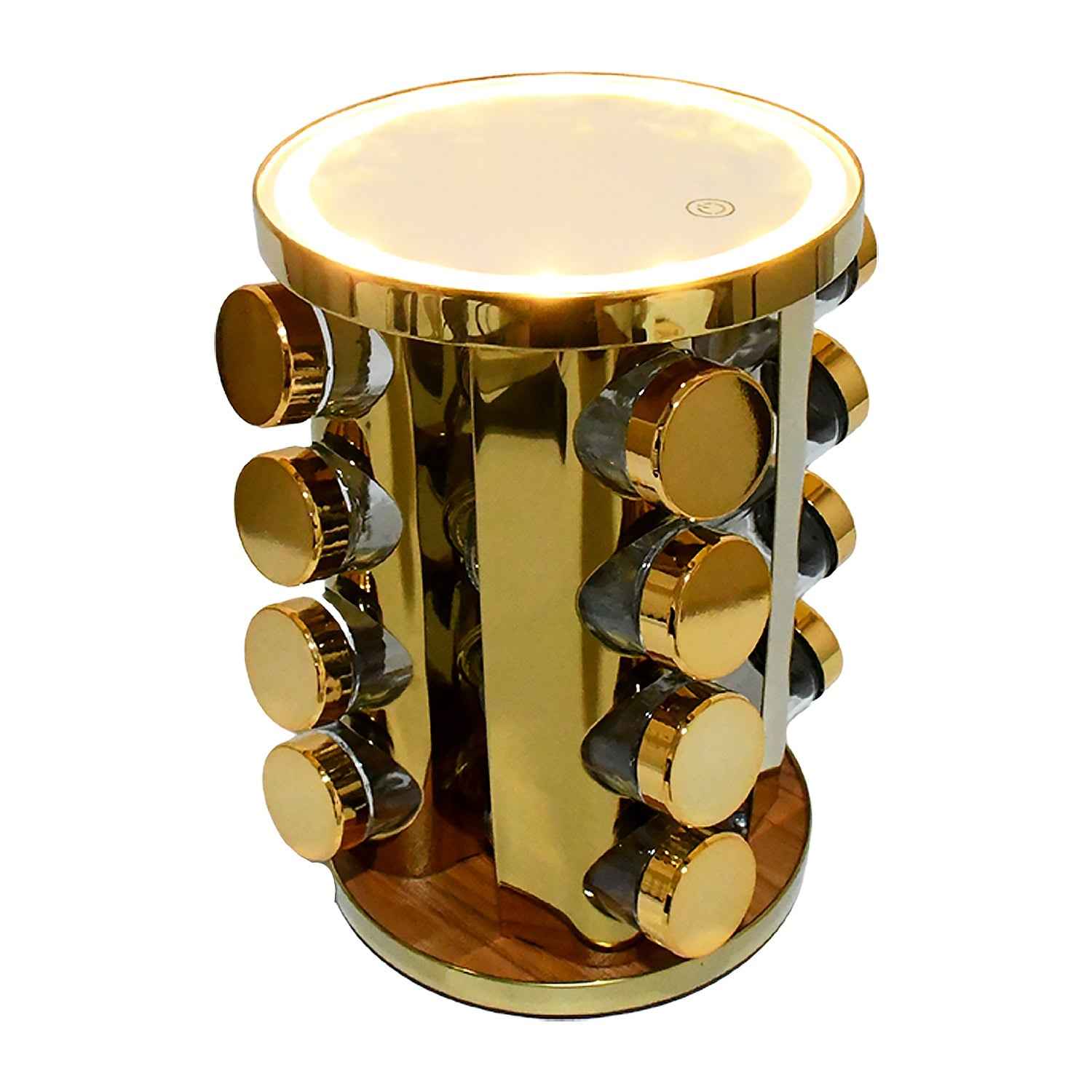 Rotating Spice Rack – LED Illuminated, 16 Jars, Golden Finish | Tidy Table
