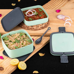 Stackable Lunch Box – Green Double-Layer Tiffin | Lunchie Bunchie