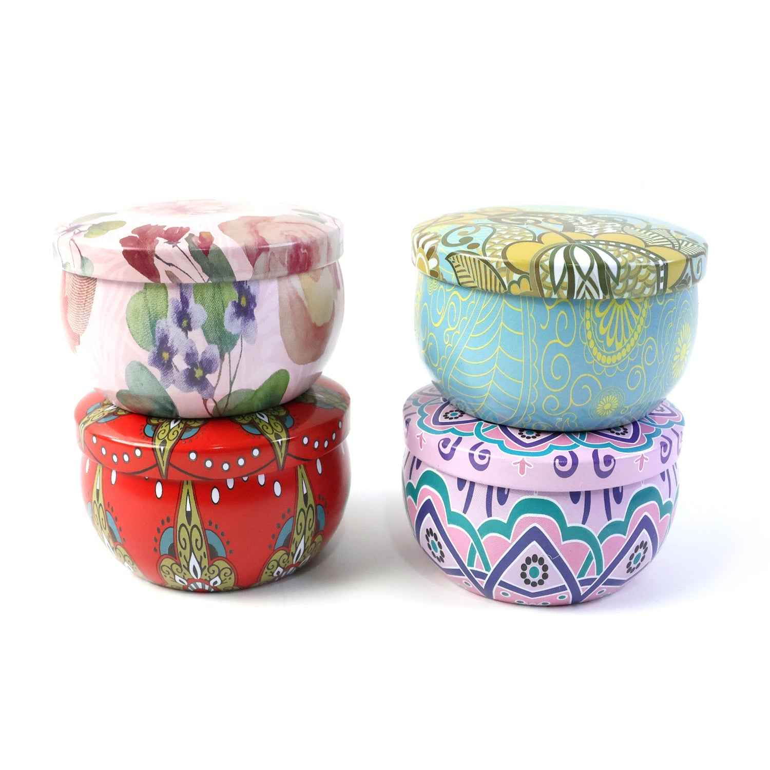 Mandala Printed Metal Candle Container – Reusable 4 Piece Set