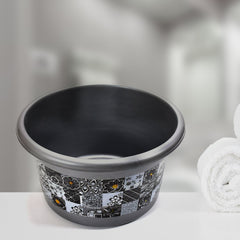 Stylish 7-piece plastic bathroom set displayed, highlighting its floral design and practical items.