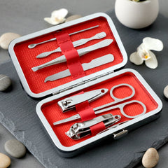 Complete manicure and pedicure grooming kit showing all stainless steel tools