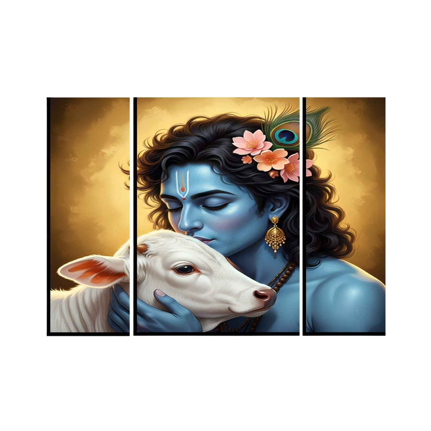 Krishna N Cow Wall Art Ð Vibrant 3 Panel MDF Design for Home