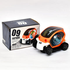 Front-angle view of the red rotating stunt car toy, detailing its sleek design and light placement.