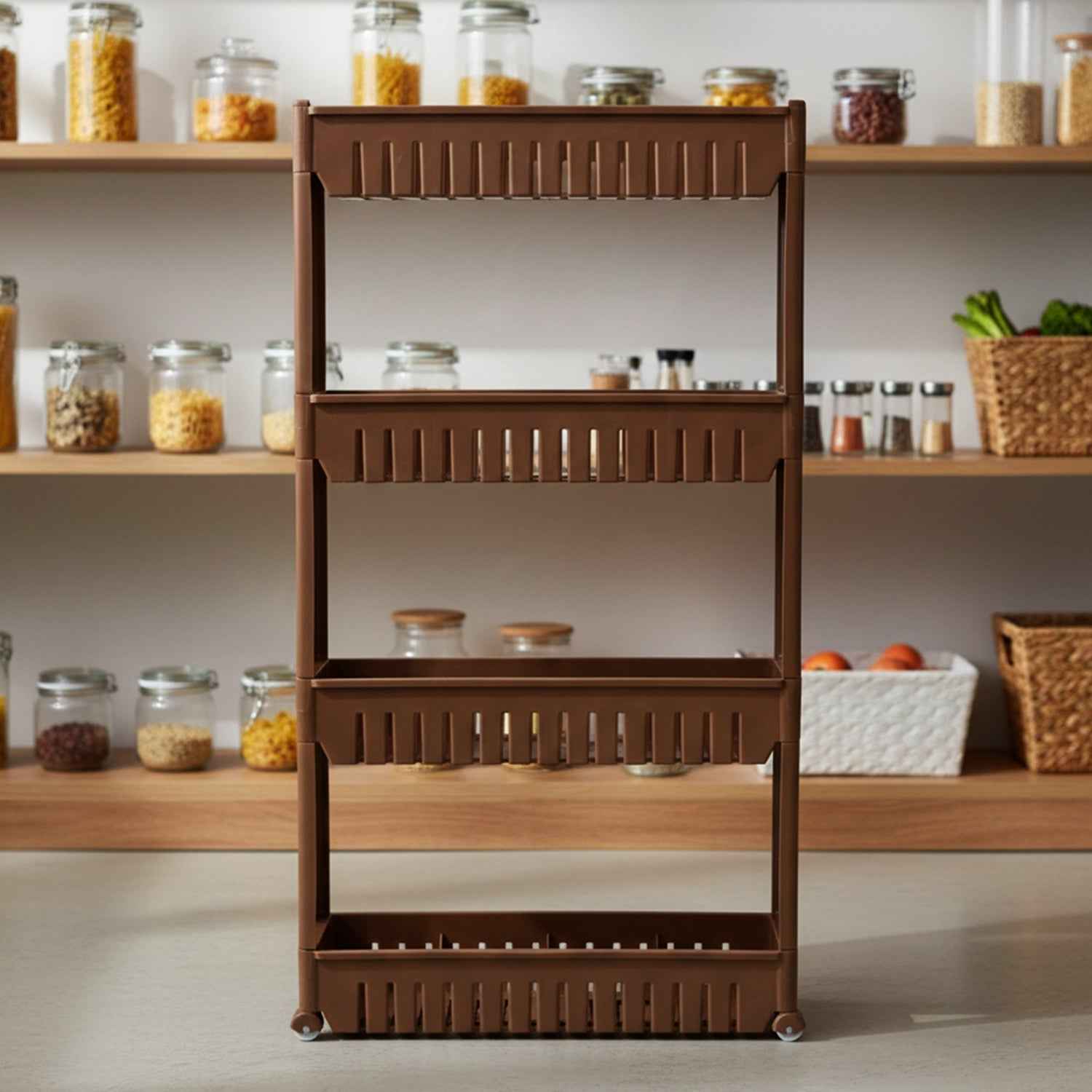 Multipurpose Plastic Storage Rack – 4 Layer with Wheels for Home