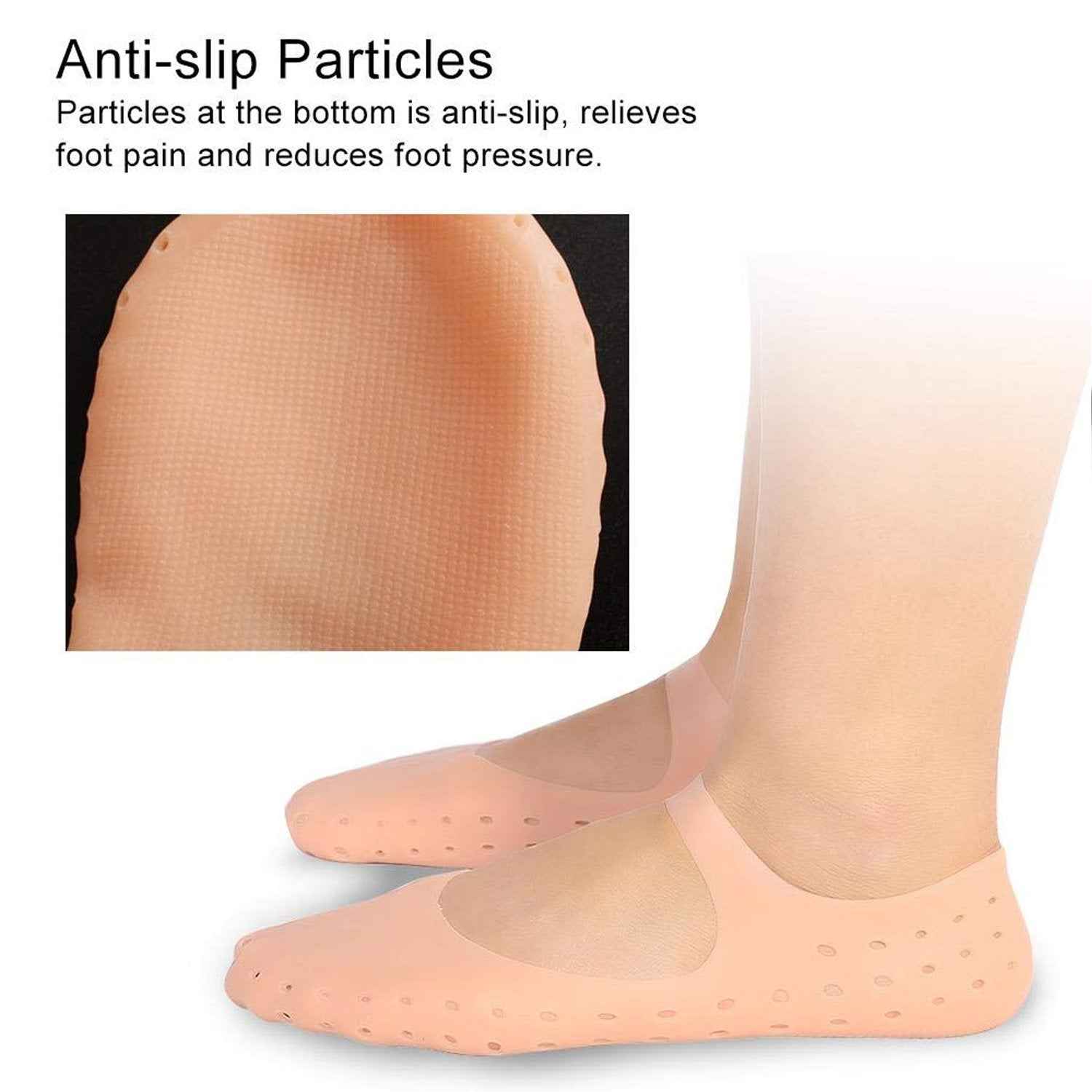 Side view of a foot wearing a soft gel sock, designed to heal and moisturize cracked feet.