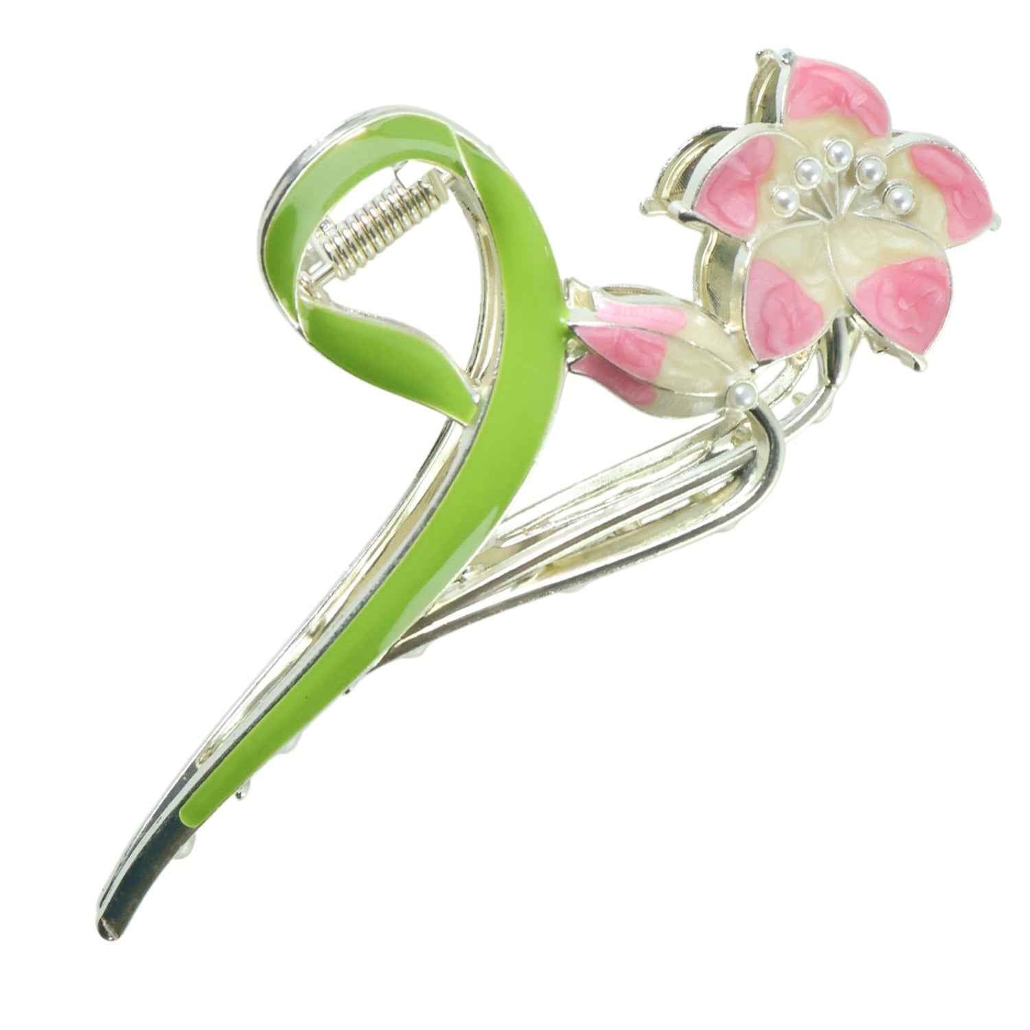 Floral Hair Claw Clip – Elegant Green Leaf with Pink Flower