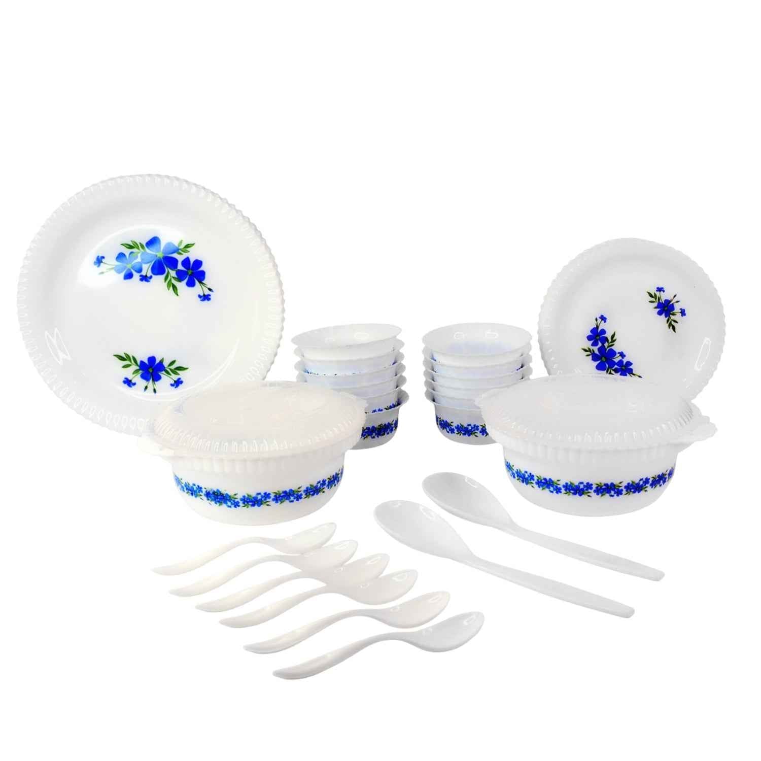 Plastic Dinner Set – Durable 36-Piece Blue Floral Design