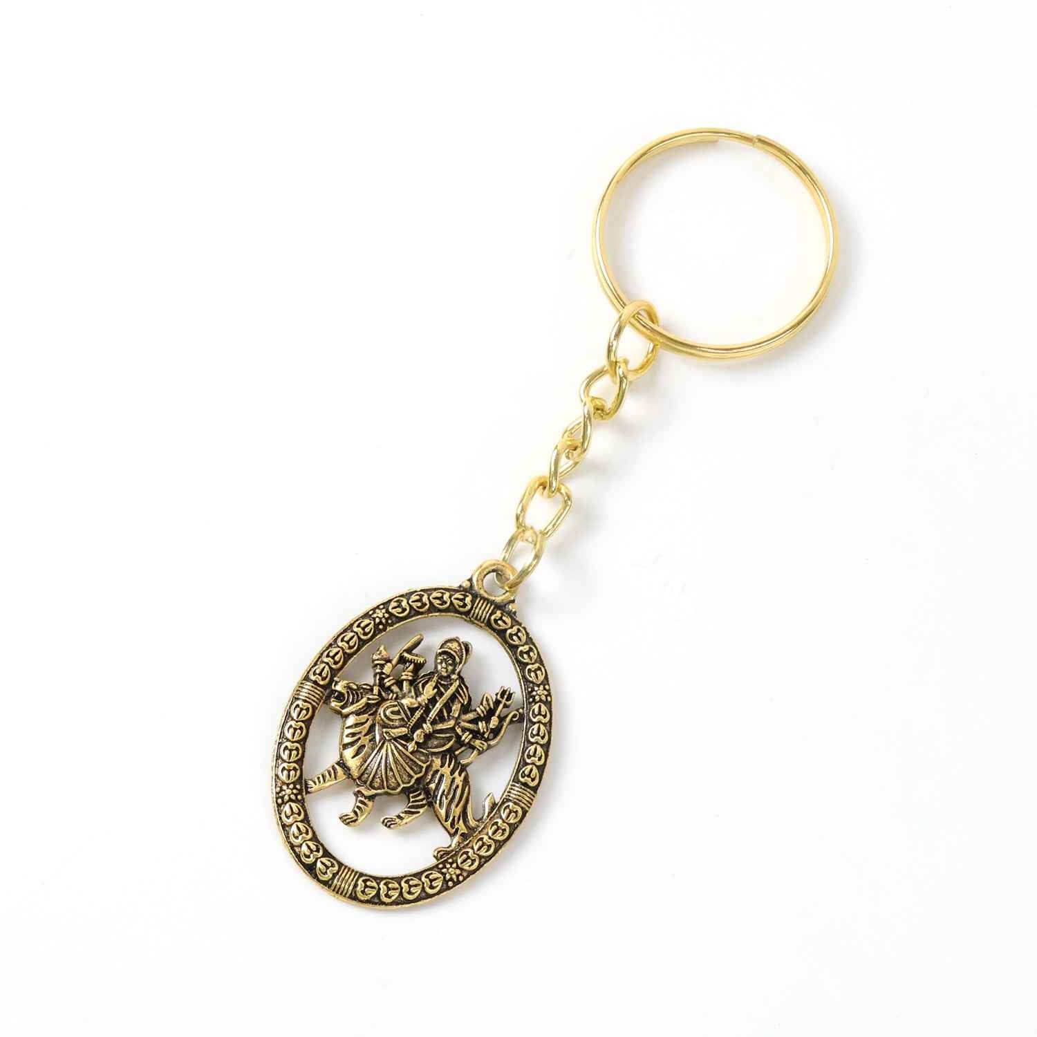 Maa Durga Golden Oval Frame Keychain – Spiritual Protection