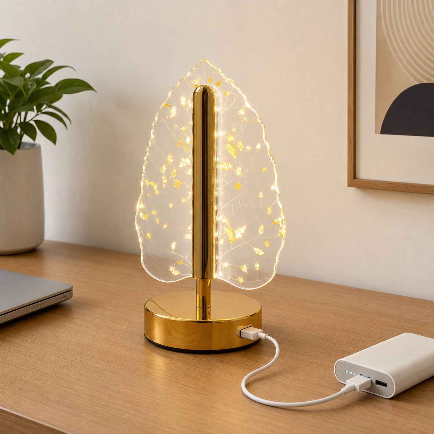 Golden Crystal Leaf LED Table Lamp – USB Charging & Warm Light
