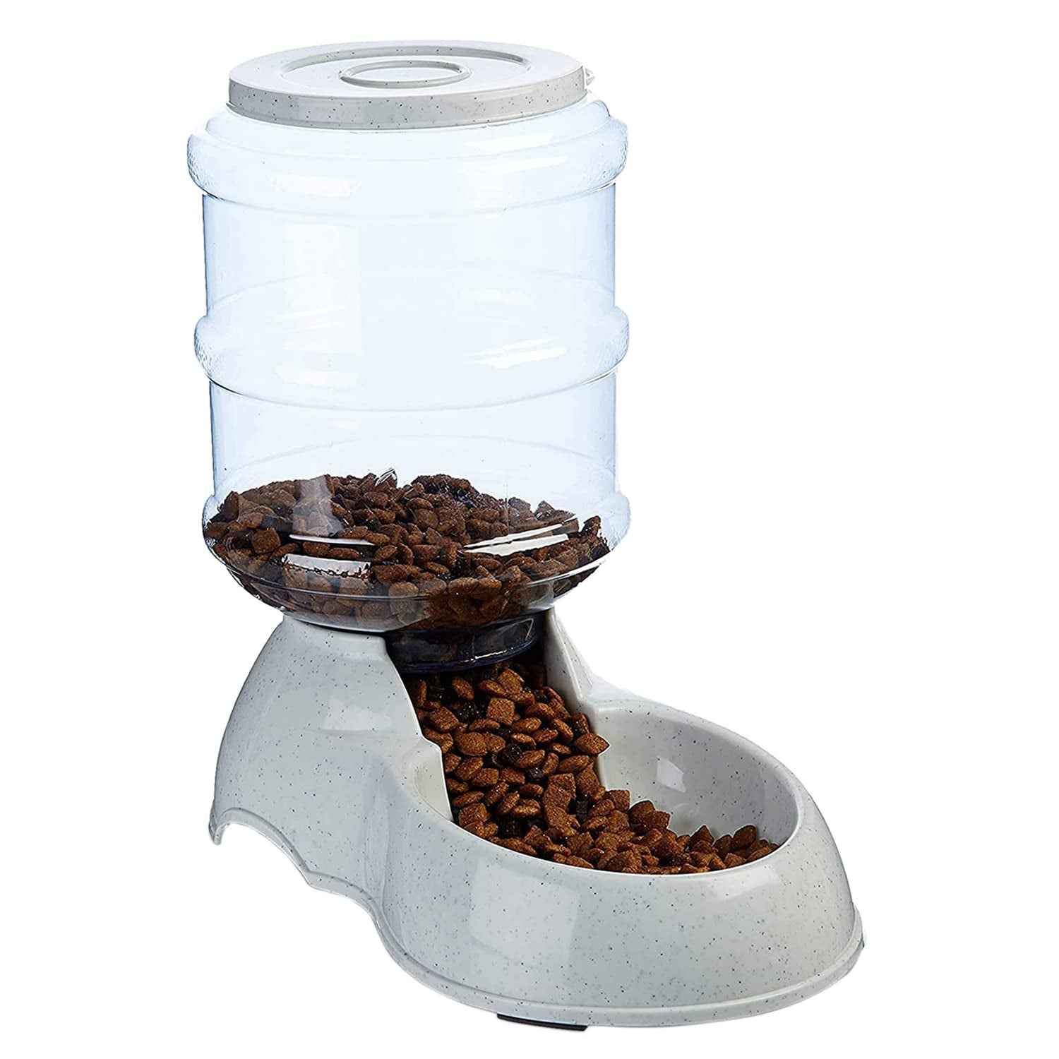 Close-up of the automatic pet food dispenser, highlighting its sturdy base and transparent bottle