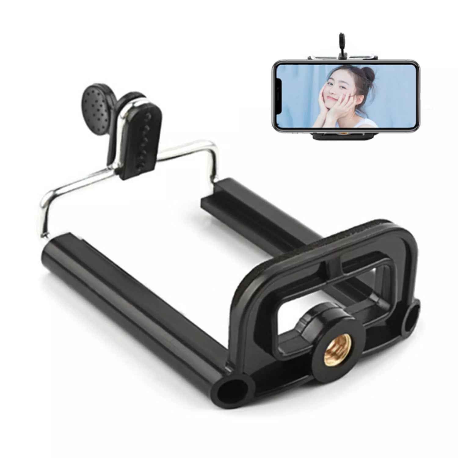 Universal mobile holder attachment ready for use with various phones and tripods.