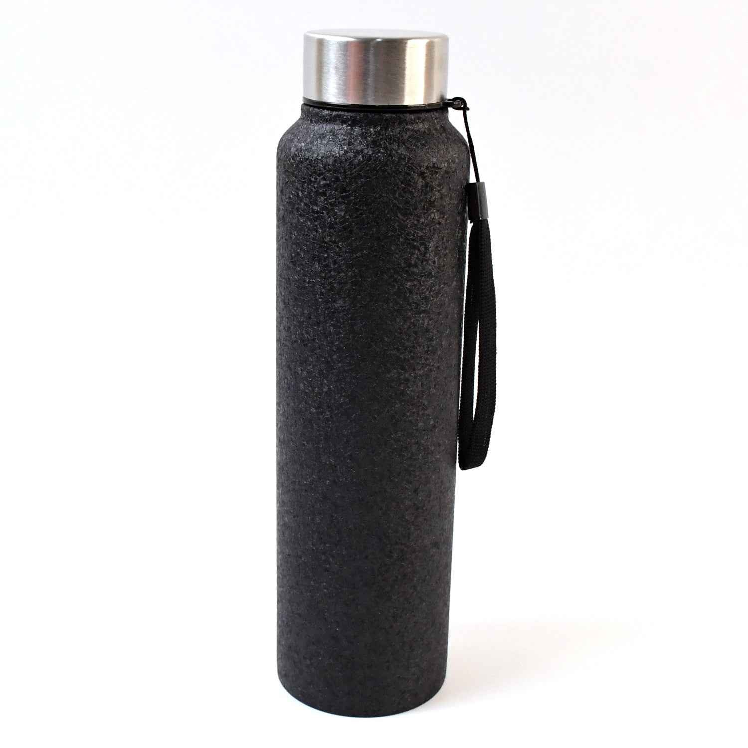 Durable 18/8 stainless steel construction shown on black water bottle